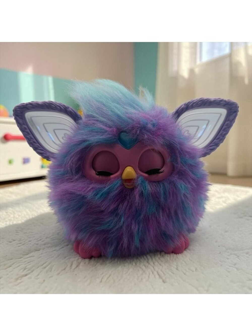 Furby 2023 Interactive Plush Toy Fluffy Purple Blue Fur Light-Up Ears